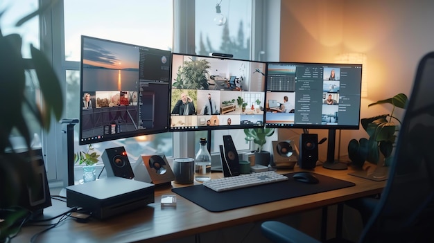 Una configurazione di ufficio a casa con tre monitor c'è una pianta sul lato sinistro della scrivania c' è una finestra sul lato sinistra della scrivanea