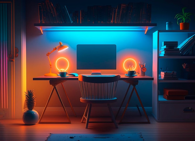 Una configurazione home office con computer sulla scrivania e stanza buia per piante d'appartamento con luci al neon