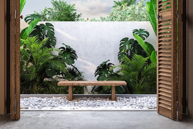 Una confortevole area salotto tra i ciottoli nel cortile sul retro circondata da piante e alberi nascosti dietro il muro La soleggiata sahbah aggiunge un tocco accogliente allo spazio Rendering 3d