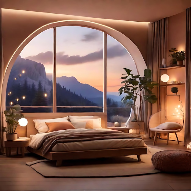 una confortevole camera da letto scarsamente illuminata con una grande finestra che si affaccia su un tranquillo paesaggio lunare AI