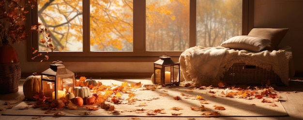 Una confortevole scena autunnale bagnata da una calda luce dorata Le foglie cadute creano un tappeto naturale fuori