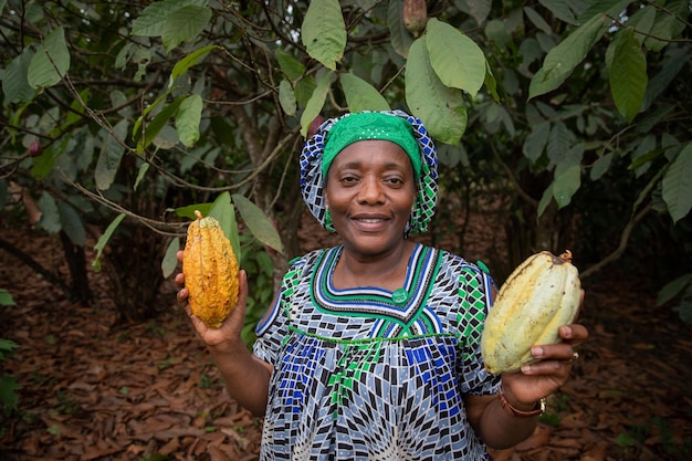 Una contadina africana tiene tra le mani le fave di cacao della sua piantagione