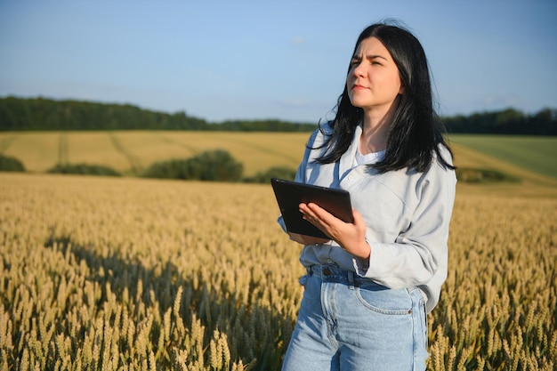 Una contadina esamina il campo dei cereali e invia i dati al cloud dal tablet Agricoltura intelligente e agricoltura digitale