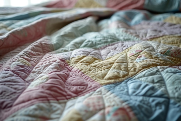 Una coperta colorata di colore pastello su un letto AI generativa