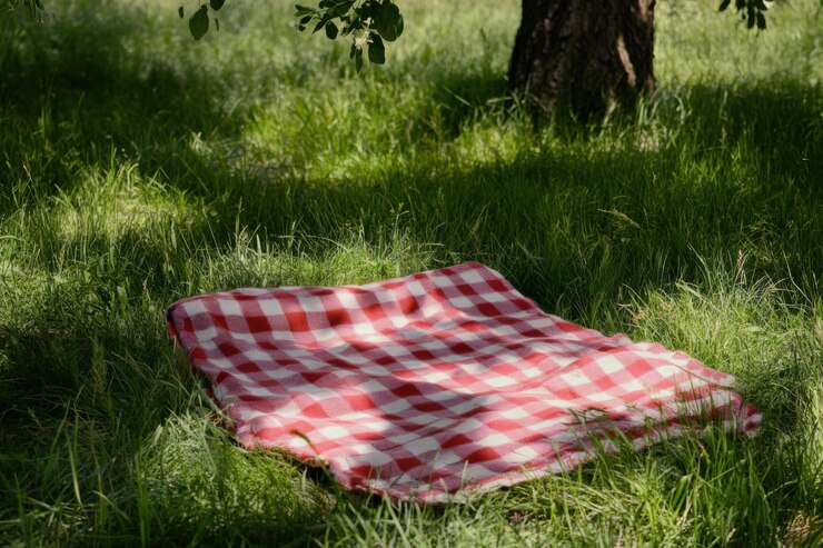 Una coperta sull'erba sotto un albero crea un luogo accogliente per fare un picnic in un parco soleggiato