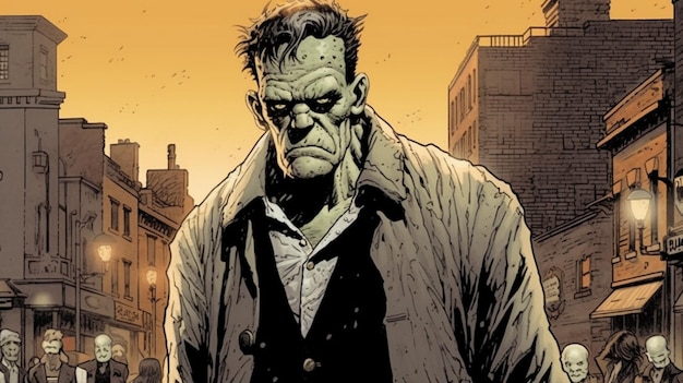 Una copertina a fumetti di un Frankenstein in una città