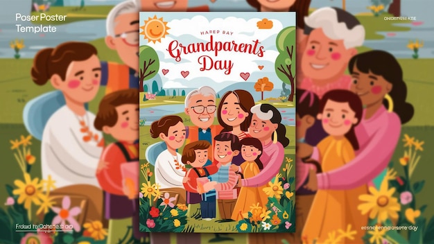 una copertina colorata di una famiglia con un poster del giorno dei nonni felici