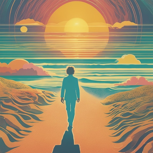 Una copertina di musica Lucid Dream Sun Sea 70s Style Man Walking