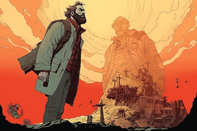 Una copertina di un fumetto per il libro L'uomo che sta di fronte a una statua gigante.