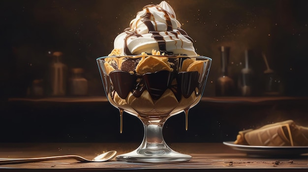 Una coppa di dessert con panna montata e salsa di cioccolato immagine generativa ai