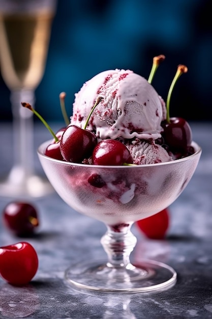 Una coppa di gelato alla ciliegia con ciliegie sullo sfondo