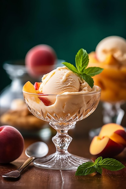 Una coppa di gelato alla pesca con sopra delle pesche