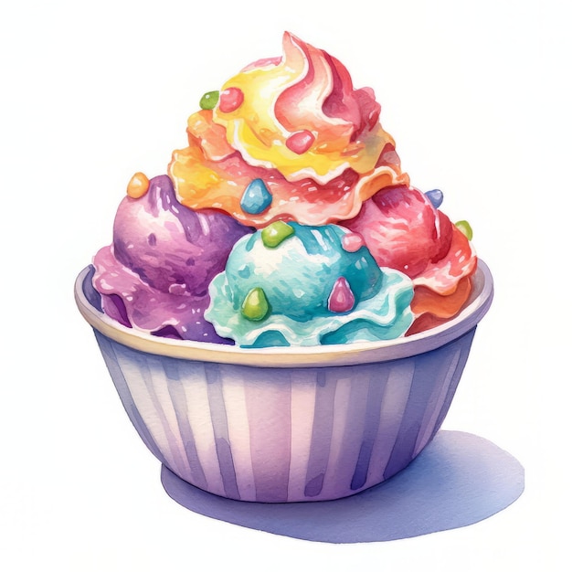 Una coppa di gelato colorata con una copertura colorata.