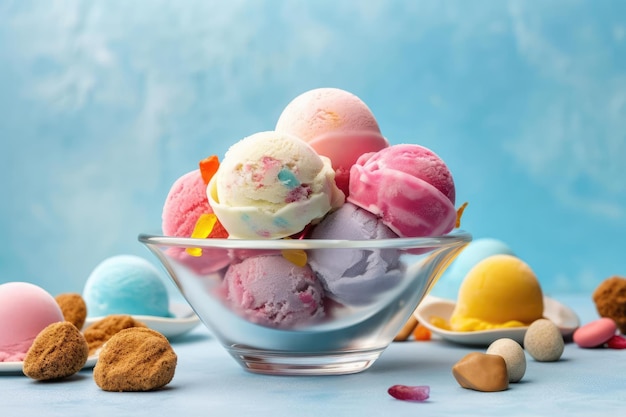 Una coppa di gelato con gelati colorati su sfondo blu