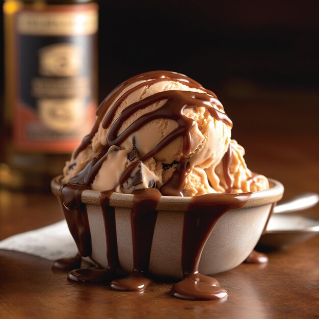 Una coppa di gelato con salsa al cioccolato e dietro una bottiglia di whisky bourbon.