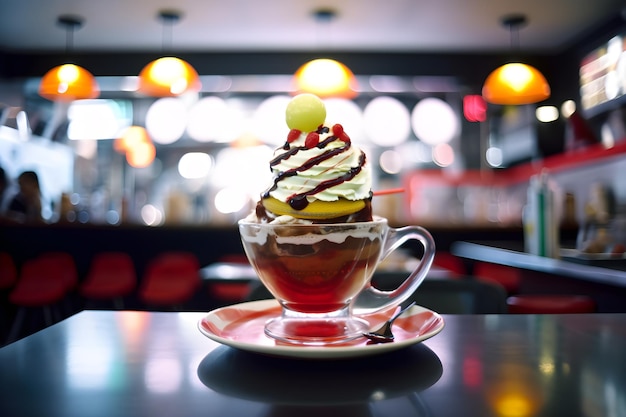 Una coppa di gelato con sopra una mela verde