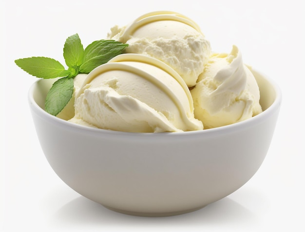 Una coppetta di gelato alla vaniglia con sopra una foglia di menta