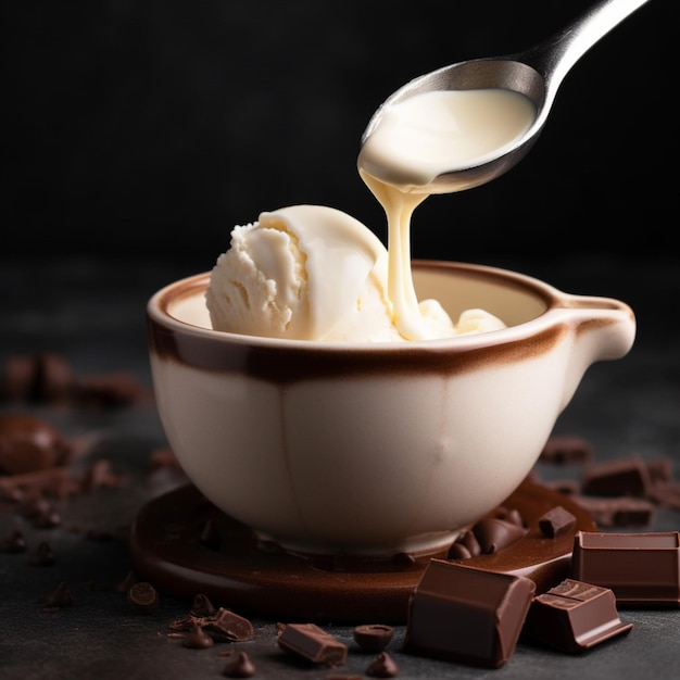 Una coppetta di gelato con un cucchiaino che ci versa sopra del cioccolato.