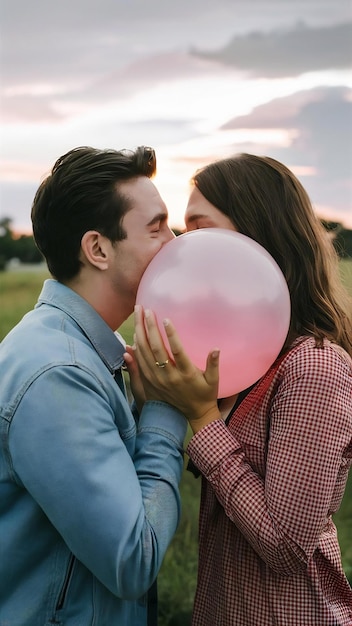 Una coppia affettuosa che copre la faccia con un palloncino e si bacia