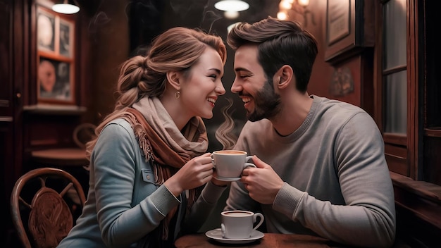 Una coppia affettuosa che flirta e beve caffè.