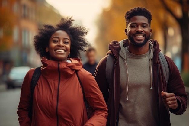 Una coppia africana sorridente in una passeggiata sana