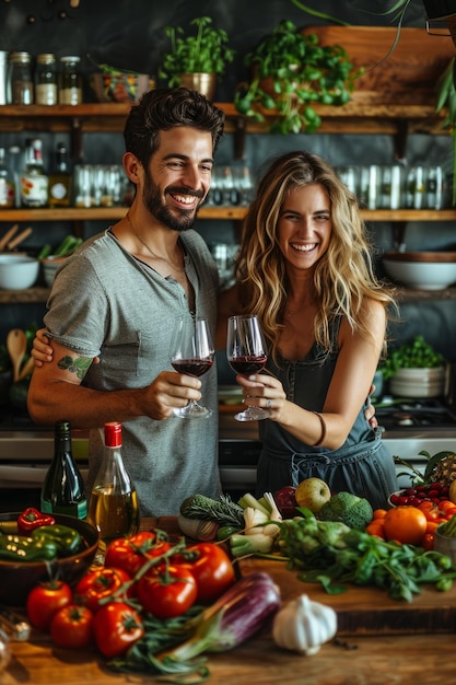 Una coppia allegra alza i bicchieri di vino in un brindisi in mezzo a una cucina vibrante circondata da prodotti freschi e oggetti di cucina momenti d'amore domestici