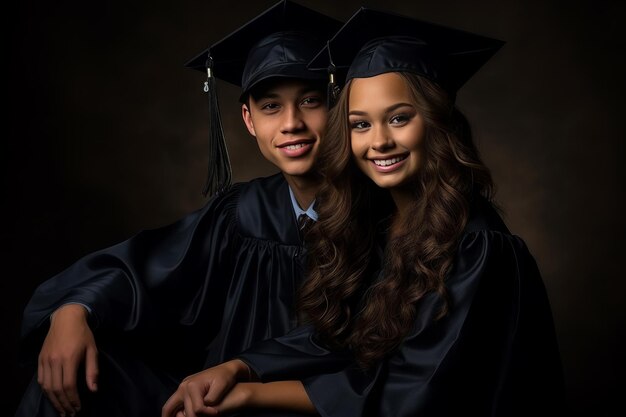 Una coppia americana con cappelli e abiti neri di laurea celebra i risultati accademici e il successo