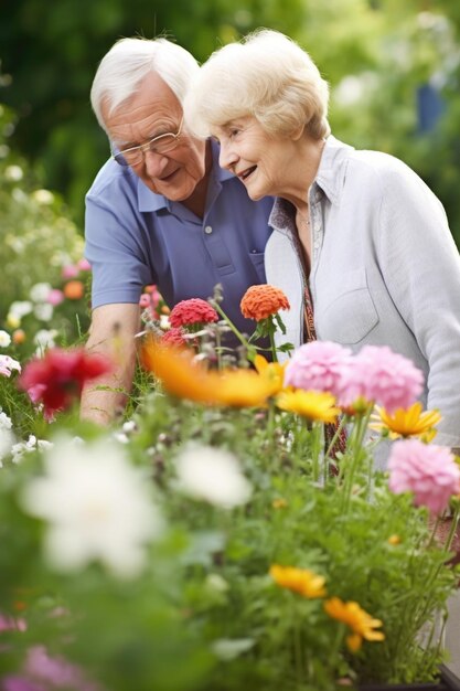 Una coppia anziana che guarda un mazzo di fiori nel loro giardino creato con l'IA generativa