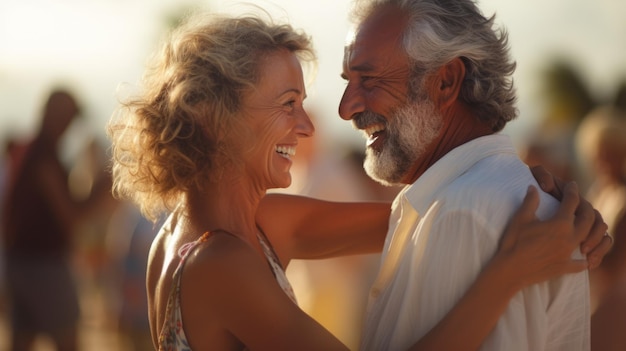 Una coppia anziana felice che balla sulla spiaggia al tramonto cura della salute stile di vita familiare all'aperto una serata romantica in vacanza data di anniversario di una coppia di età innamorata immagine generata dall'AI