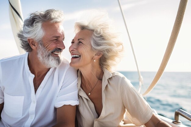 Una coppia anziana si siede in una barca o in uno yacht sullo sfondo del mare felice e sorridente guardano le onde e si abbracciano vacanza di viaggio in mare amore e romanticismo delle persone anziane