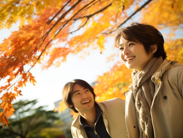 Una coppia asiatica si sta godendo una romantica giornata d'autunno.