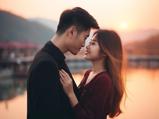Una coppia asiatica si sta godendo una romantica giornata d'autunno.