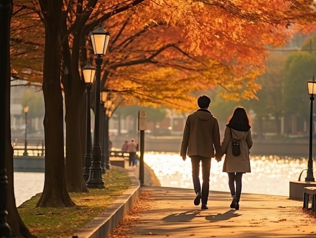 Una coppia asiatica si sta godendo una romantica giornata d'autunno.