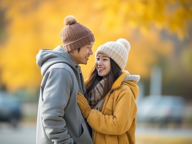 Una coppia asiatica si sta godendo una romantica giornata d'autunno.