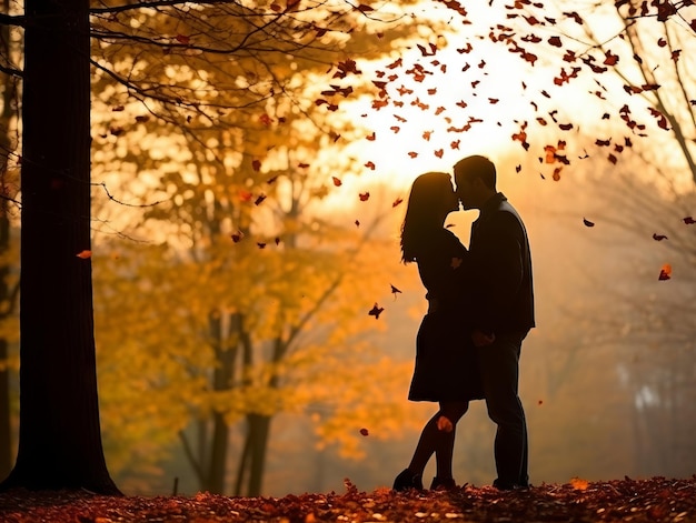 Una coppia asiatica si sta godendo una romantica giornata d'autunno.