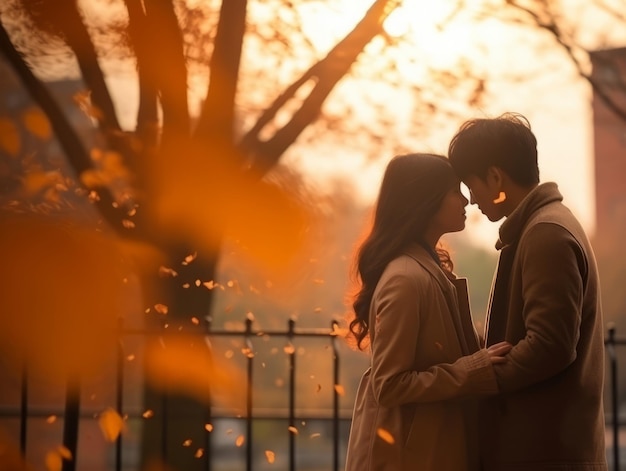 Una coppia asiatica si sta godendo una romantica giornata d'autunno.