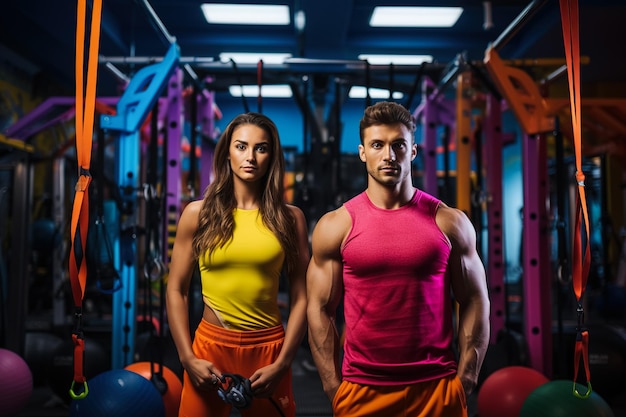 Una coppia atletica che posa in palestra con bellissimi abiti colorati