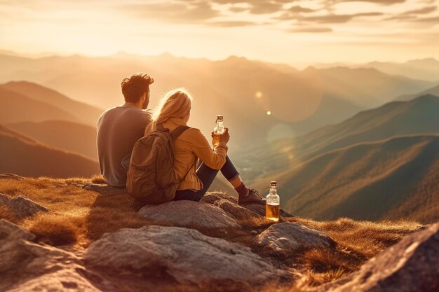 Una coppia beve un drink dopo aver raggiunto una vetta di montagna vestiti rurali con un cappello di campagna