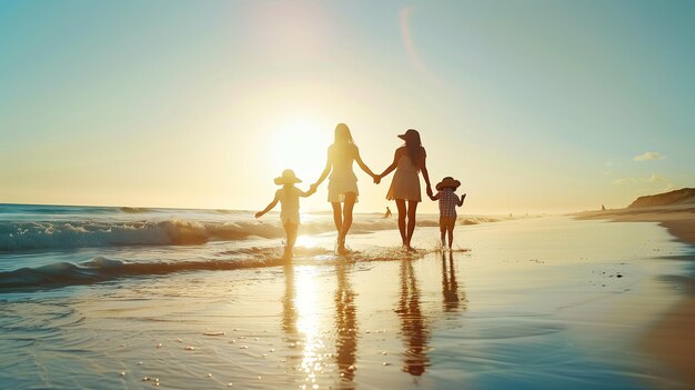 Una coppia cammina con le figlie sulla spiaggia al tramonto