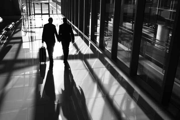 Una coppia cammina lungo un elegante corridoio moderno in un ambiente aziendale circondato da illuminazione artificiale e pareti di vetro