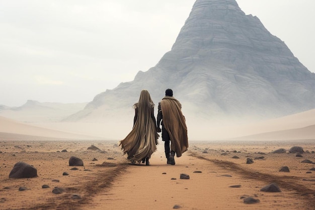 una coppia cammina nel deserto con una montagna sullo sfondo.