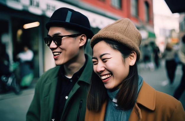 Una coppia cammina per strada con una giacca verde e un cappello marrone.