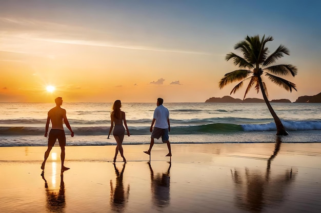 Una coppia cammina su una spiaggia al tramonto con le palme sullo sfondo