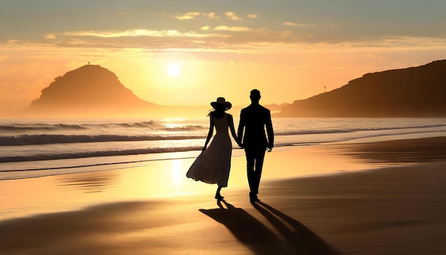 Una coppia cammina sulla spiaggia al tramonto
