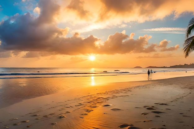 Una coppia cammina sulla spiaggia al tramonto