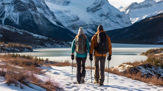 Una coppia che attraversa una catena montuosa coperta di neve circondata da alte cime un mix di eccitazione e serenità