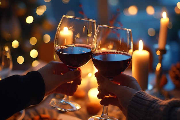 Una coppia che beve vino a una cena romantica