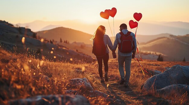 Una coppia che cammina attraverso un bellissimo paesaggio mano nella mano con palloncini a forma di cuore il giorno di San Valentino