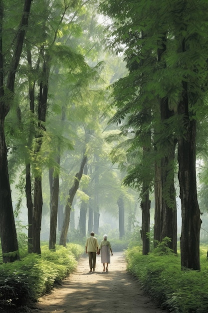 Una coppia che cammina lungo un sentiero nel bosco nebbioso
