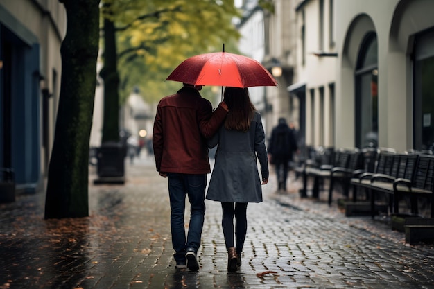 Una coppia che cammina mano nella mano sotto un ombrello